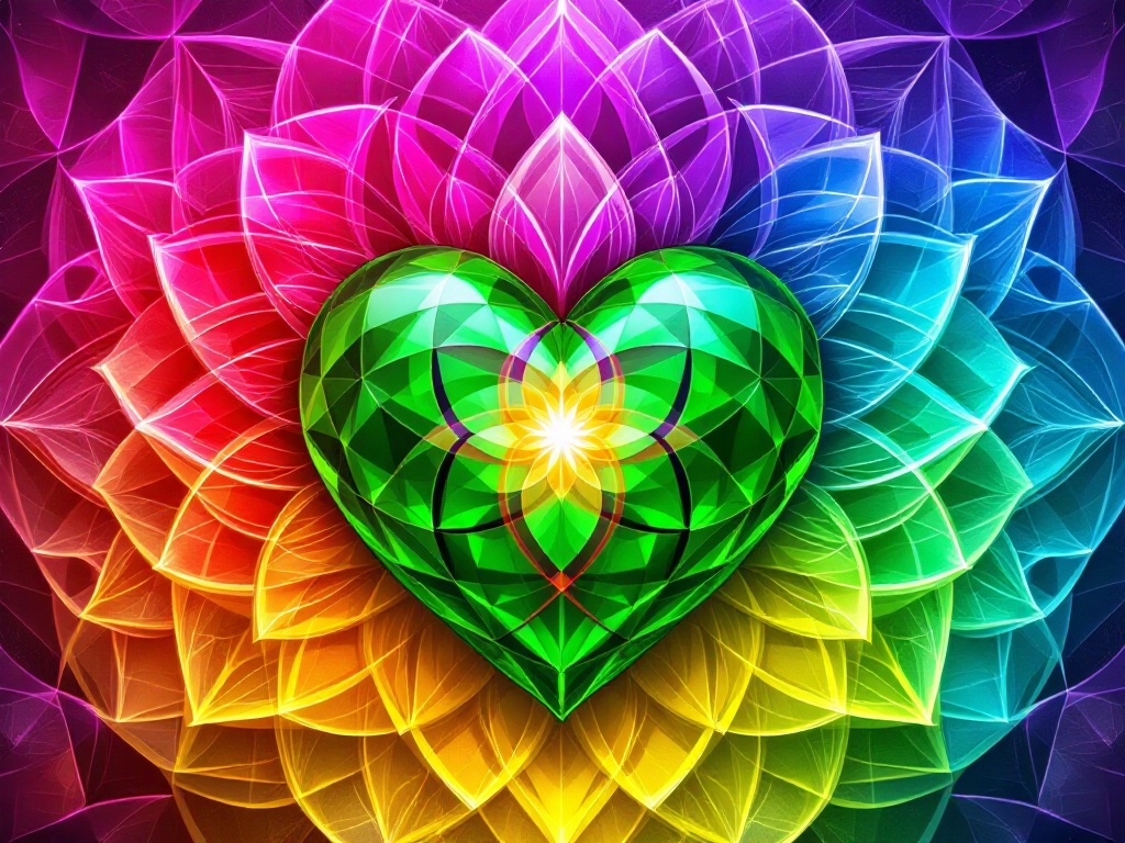 A vibrant emerald green heart chakra symbol centered in the image, emanating flowing energy waves. The mandala-like pattern features sacred geometry with multiple layers of harmonious colors - emerald green, soft pink, and golden light streams. The design suggests healing energy and heart-centered frequency patterns in a professional, spiritual style. The overall composition creates a balanced, dynamic flow of heart chakra energy.